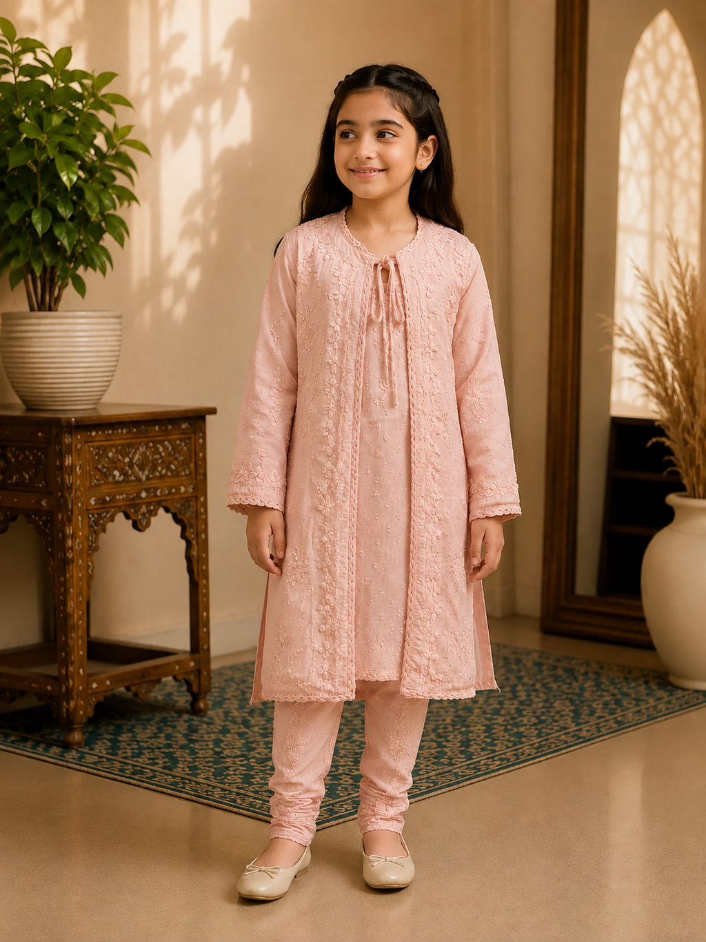 Girls Blush Pink Dobi Cotton Chikankari Shrug Set | Premium Ethnic Wear for Kids | Tazaki Fashion