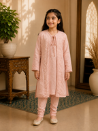 Girls Blush Pink Dobi Cotton Chikankari Shrug Set | Premium Ethnic Wear for Kids | Tazaki Fashion