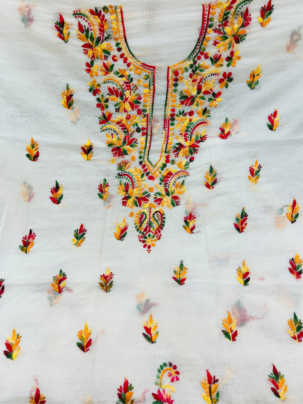 Premium Multicolor Handwork Mul Chanderi Unstitched Suit Set