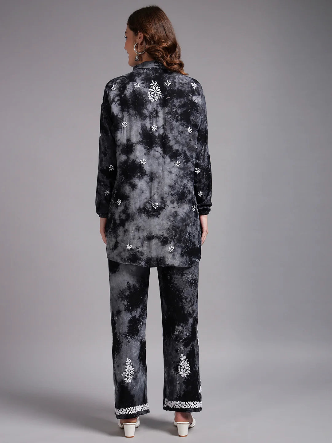 Luxury Navy Blue Modal Hand Embroidered Co-Ord Set for Women | Premium Tie-Dye Modal Shirt & Pant Set