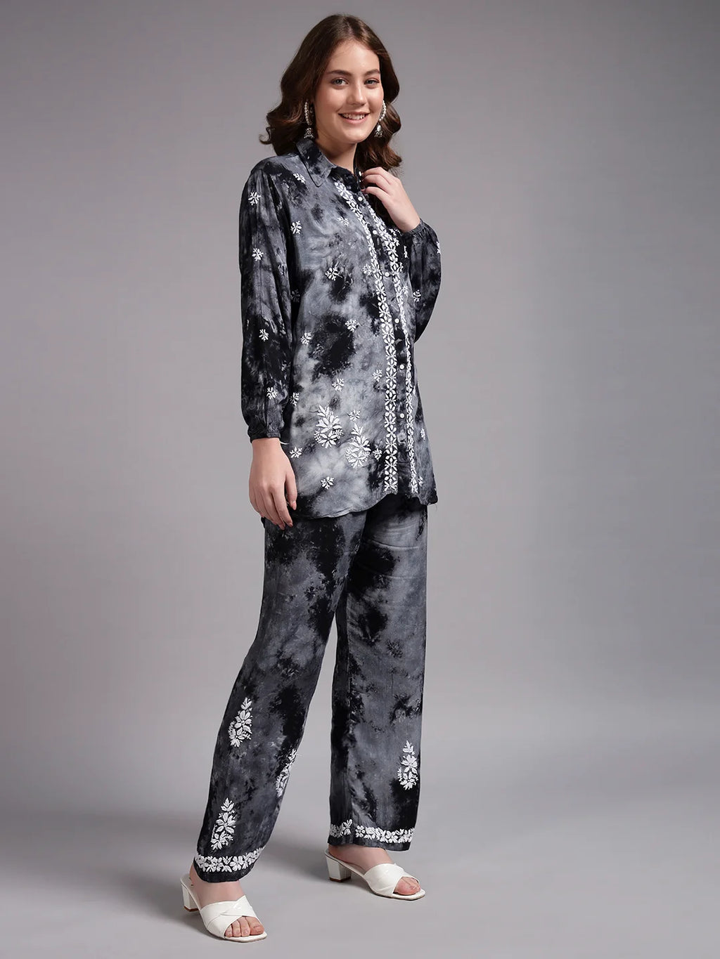 Luxury Navy Blue Modal Hand Embroidered Co-Ord Set for Women | Premium Tie-Dye Modal Shirt & Pant Set