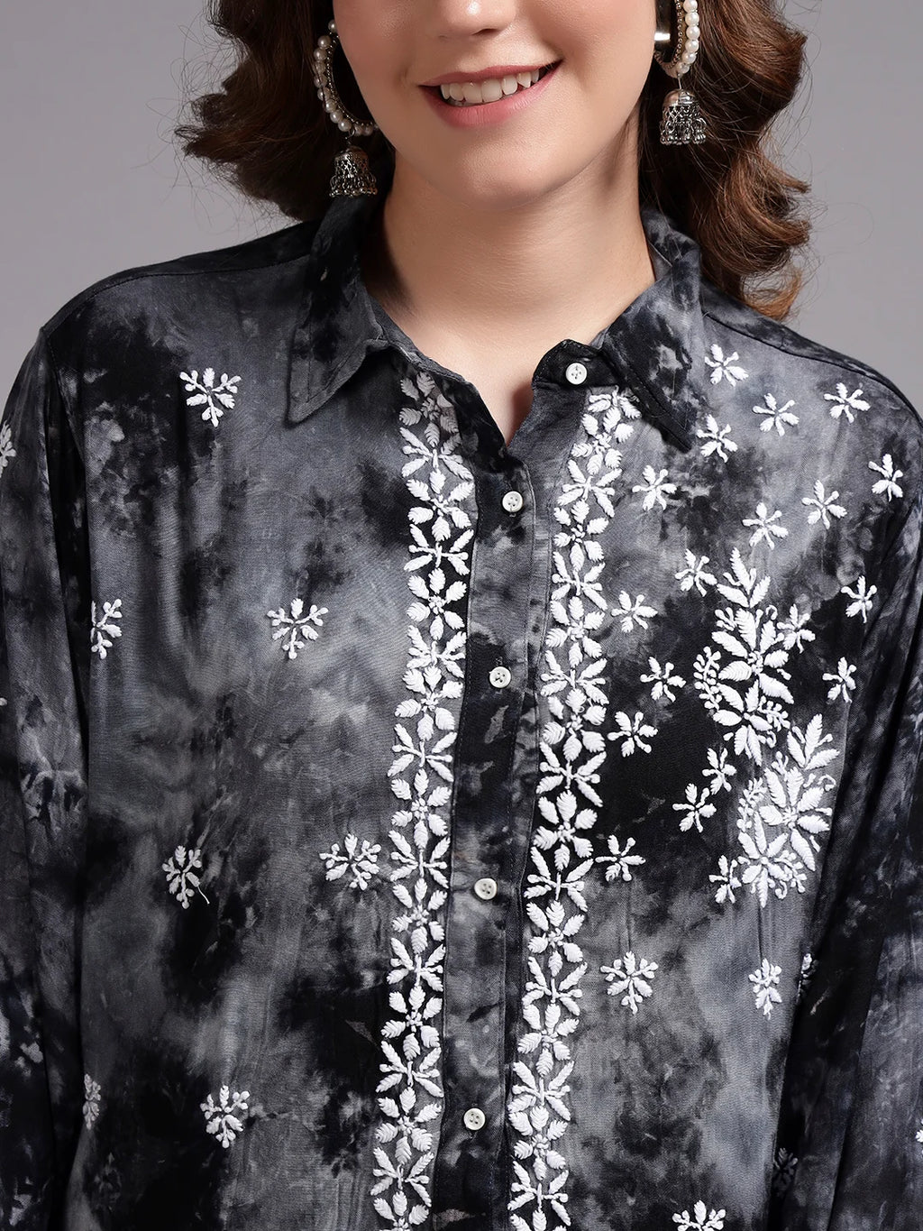 Luxury Navy Blue Modal Hand Embroidered Co-Ord Set for Women | Premium Tie-Dye Modal Shirt & Pant Set