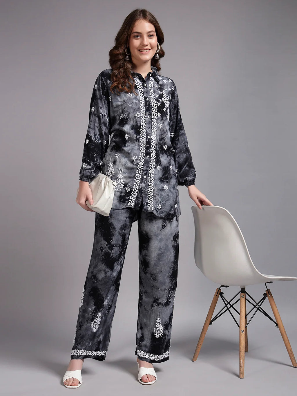 Luxury Navy Blue Modal Hand Embroidered Co-Ord Set for Women | Premium Tie-Dye Modal Shirt & Pant Set