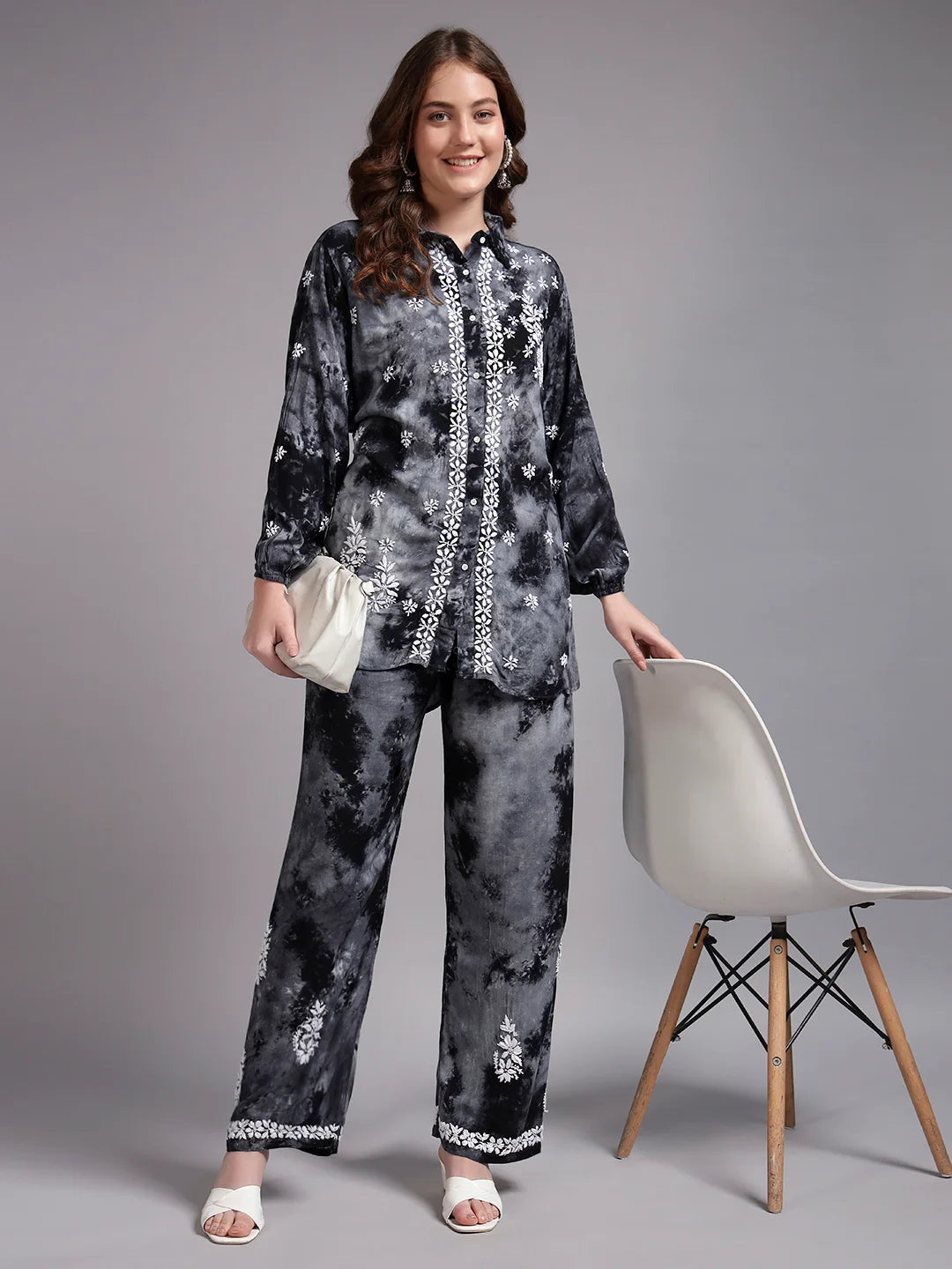 Luxury Navy Blue Modal Hand Embroidered Co-Ord Set for Women | Premium Tie-Dye Modal Shirt & Pant Set