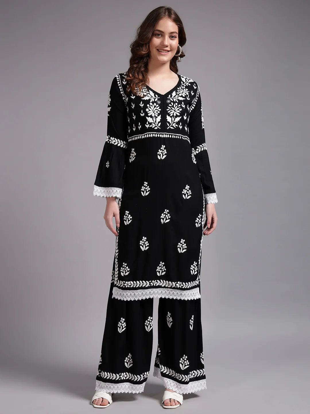 Premium Black Handcrafted Chikankari Kurta Sharara Set for Women | Elegant Lucknowi Ethnic Wear