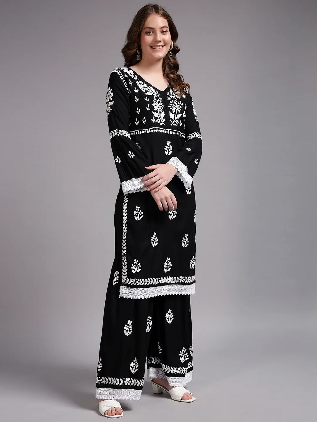 Premium Black Handcrafted Chikankari Kurta Sharara Set for Women | Elegant Lucknowi Ethnic Wear