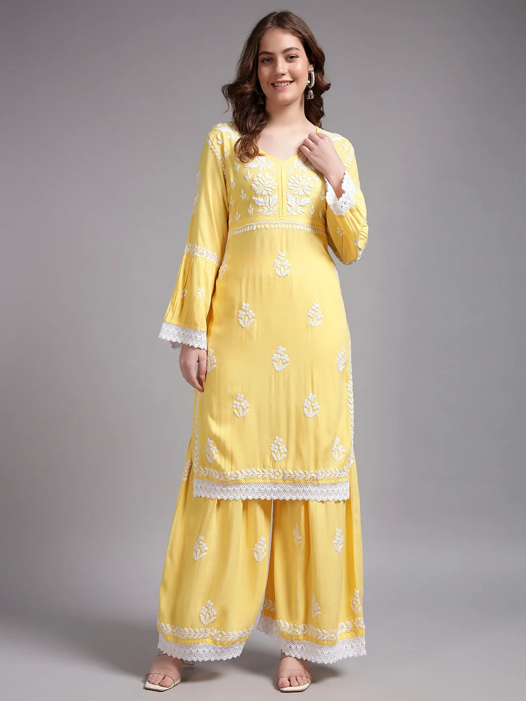 Premium Yellow Handcrafted Chikankari Kurta Sharara Set for Women | Elegant Lucknowi Ethnic Wear