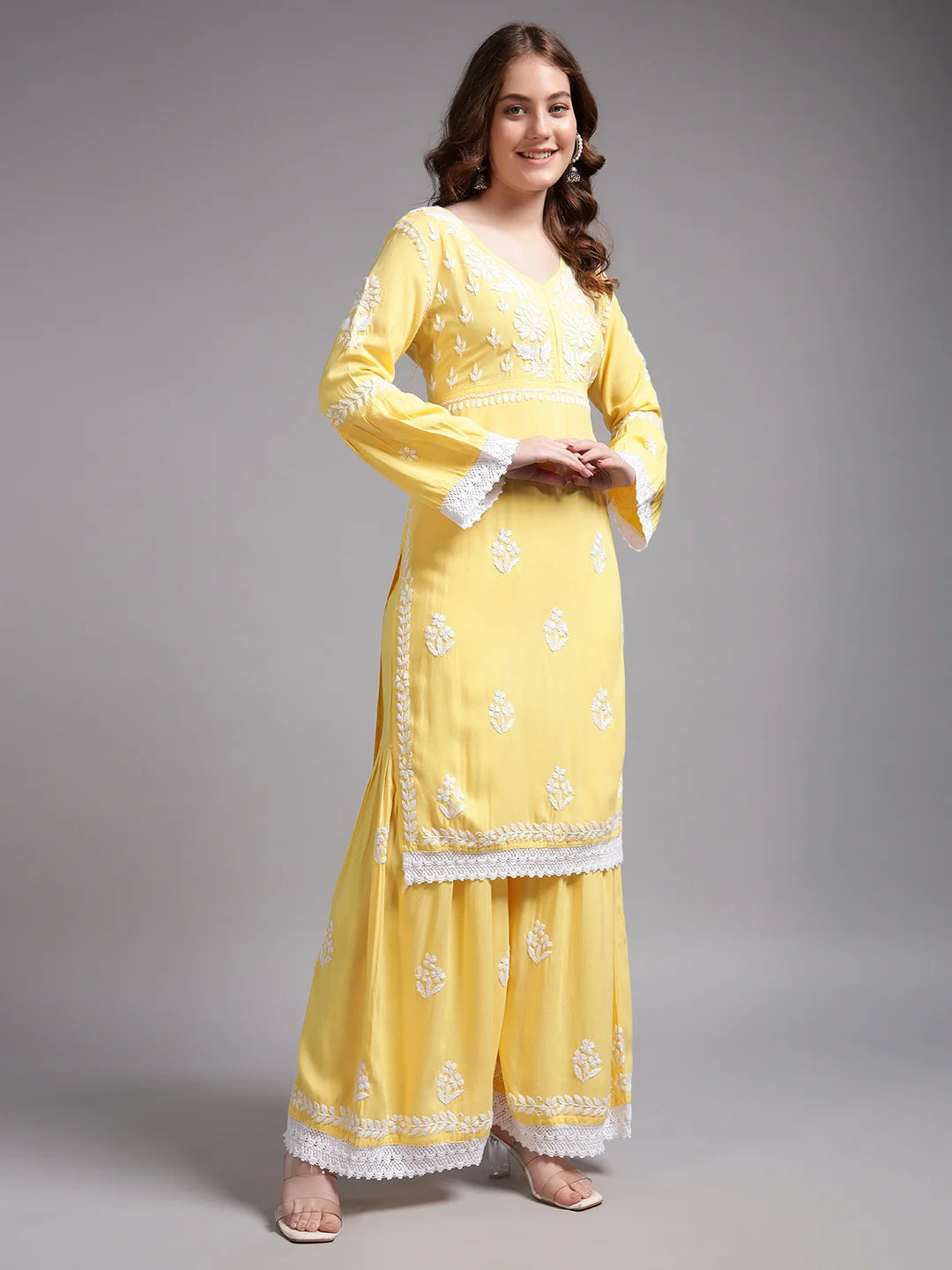 Premium Yellow Handcrafted Chikankari Kurta Sharara Set for Women | Elegant Lucknowi Ethnic Wear