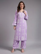Premium Lavender Handcrafted Chikankari Kurta Palazzo Set for Women | Elegant Lucknowi Ethnic Wear