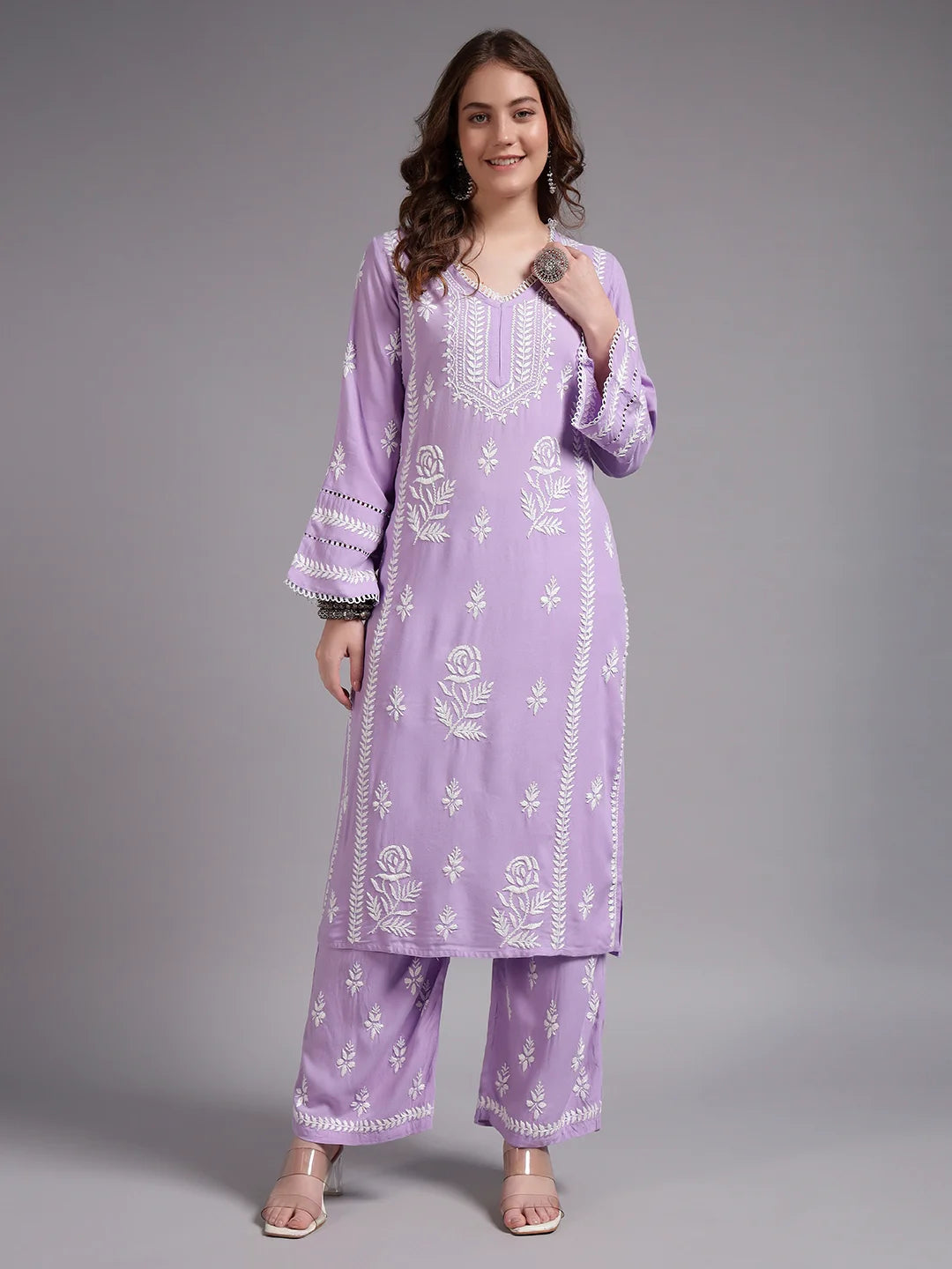 Premium Lavender Handcrafted Chikankari Kurta Palazzo Set for Women | Elegant Lucknowi Ethnic Wear