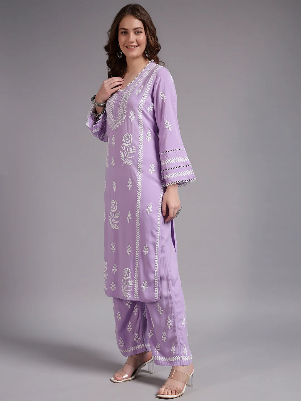 Premium Lavender Handcrafted Chikankari Kurta Palazzo Set for Women | Elegant Lucknowi Ethnic Wear
