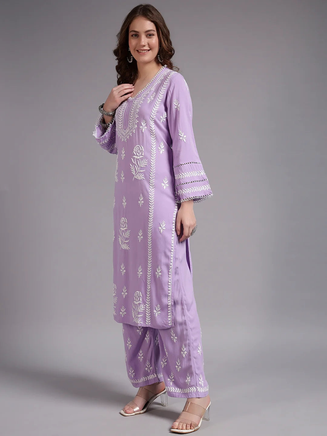 Premium Lavender Handcrafted Chikankari Kurta Palazzo Set for Women | Elegant Lucknowi Ethnic Wear