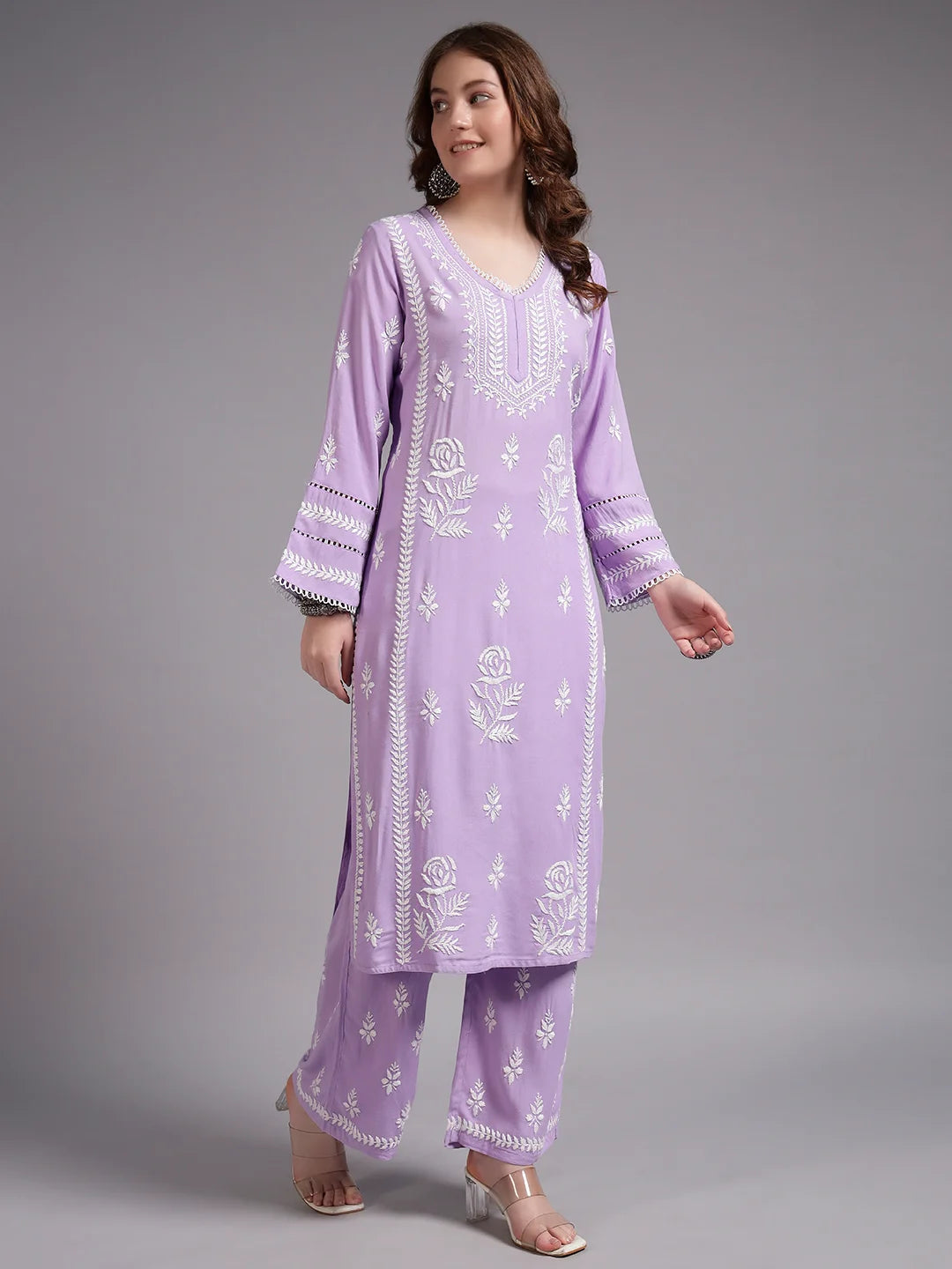 Premium Lavender Handcrafted Chikankari Kurta Palazzo Set for Women | Elegant Lucknowi Ethnic Wear