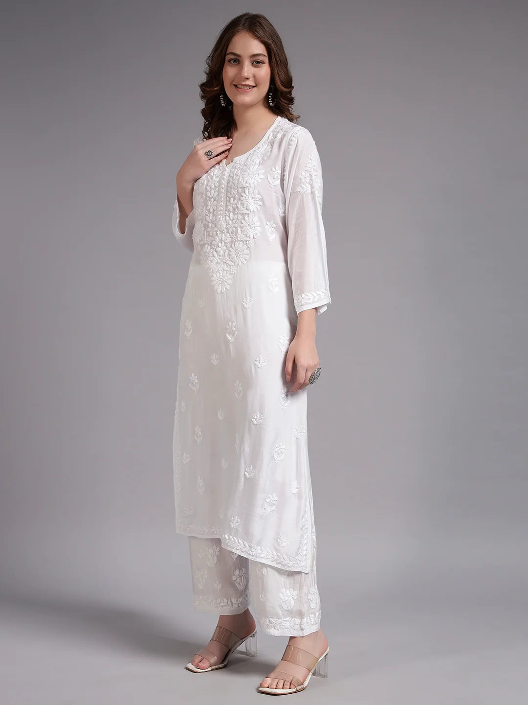 Royal Ivory Muslin Handwork Kurti Set for Women | Premium Lucknowi Elegance
