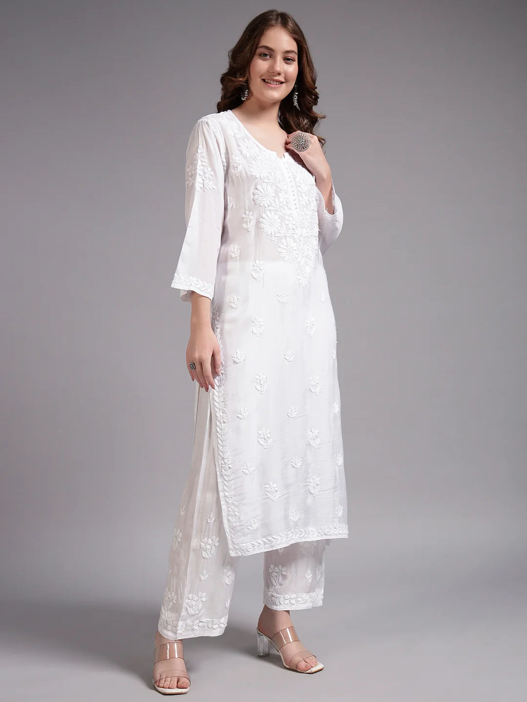 Royal Ivory Muslin Handwork Kurti Set for Women | Premium Lucknowi Elegance