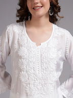 Royal Ivory Muslin Handwork Kurti Set for Women | Premium Lucknowi Elegance