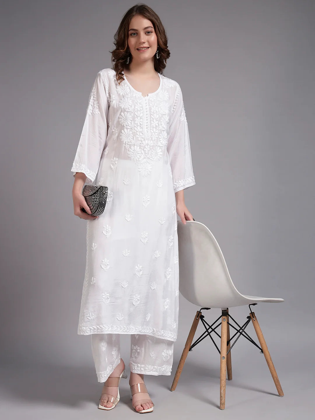 Royal Ivory Muslin Handwork Kurti Set for Women | Premium Lucknowi Elegance
