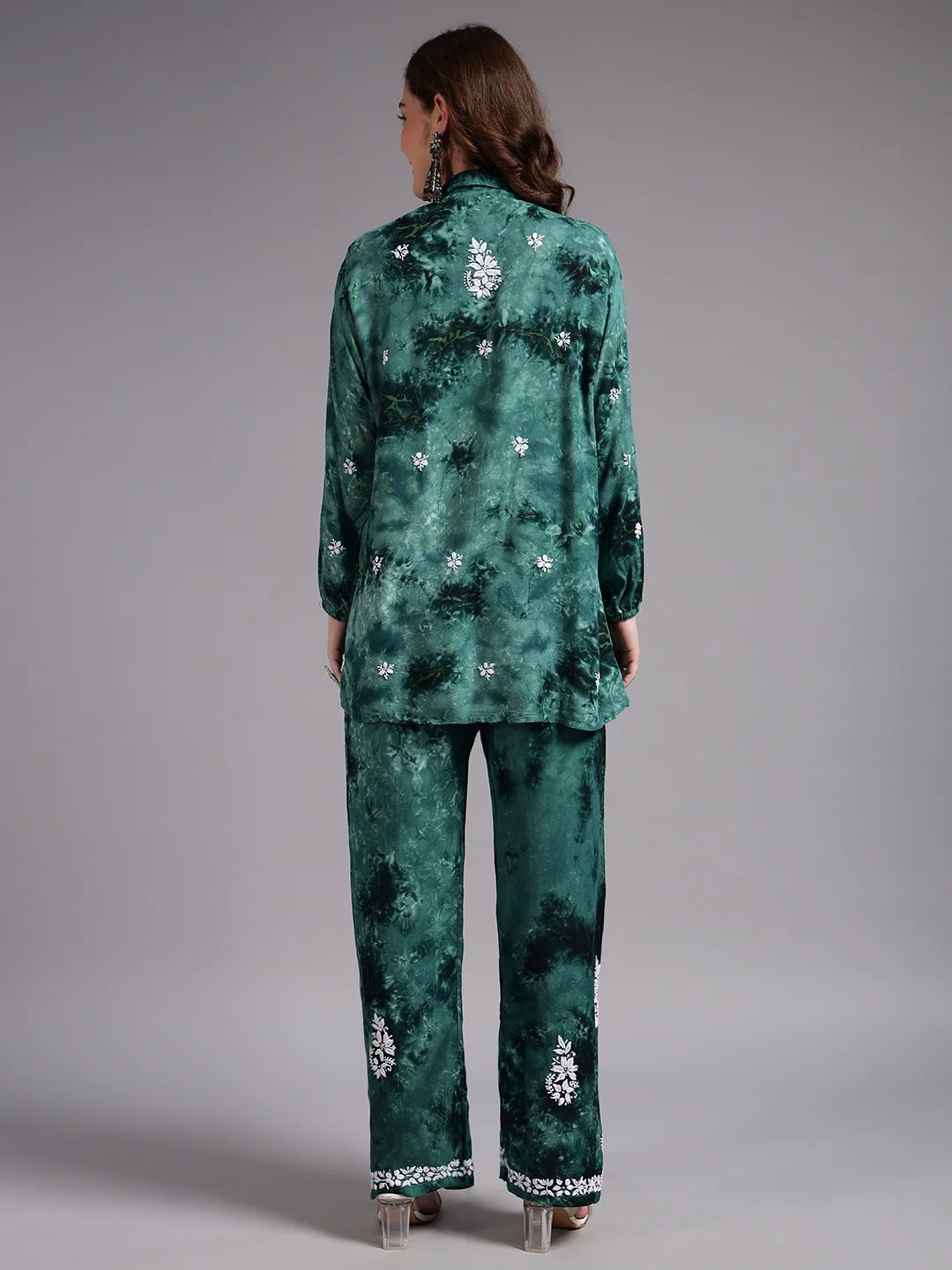 Luxury Navy Blue Modal Hand Embroidered Co-Ord Set for Women | Premium Tie-Dye Modal Shirt & Pant Set