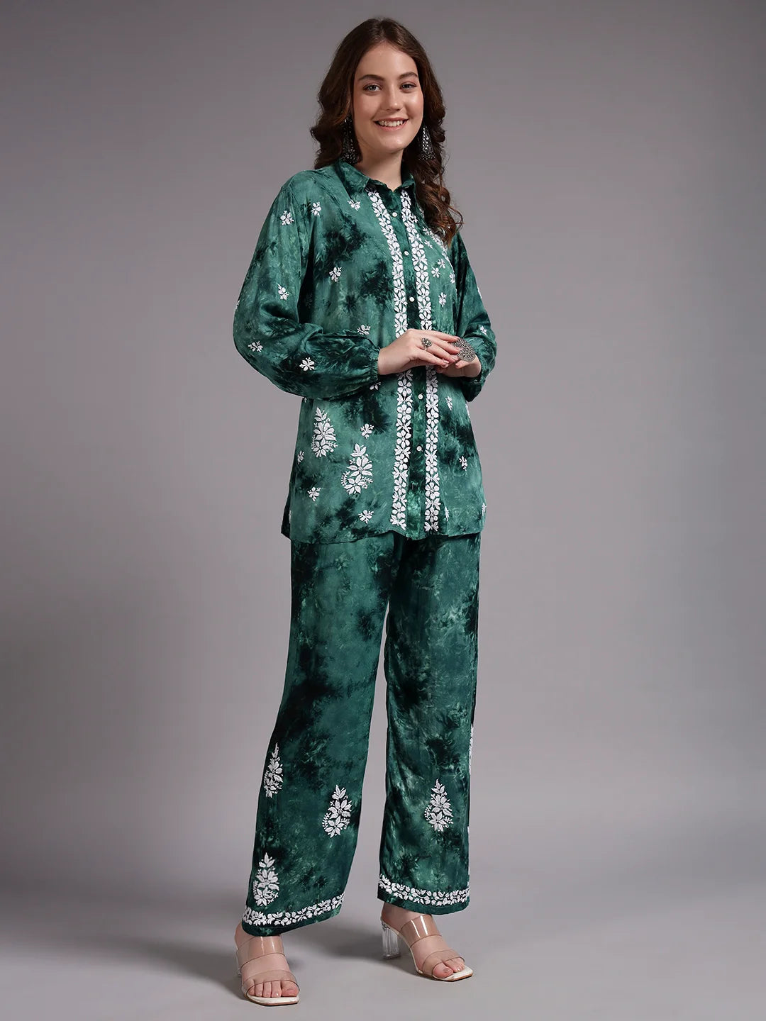 Luxury Navy Blue Modal Hand Embroidered Co-Ord Set for Women | Premium Tie-Dye Modal Shirt & Pant Set
