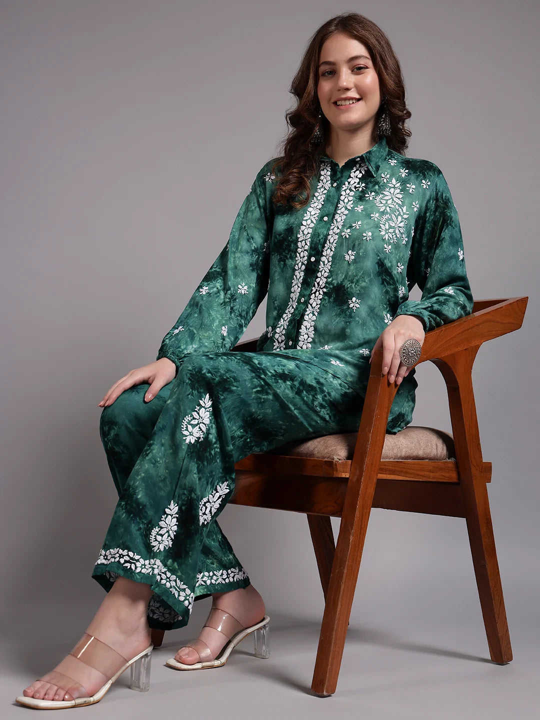 Luxury Navy Blue Modal Hand Embroidered Co-Ord Set for Women | Premium Tie-Dye Modal Shirt & Pant Set