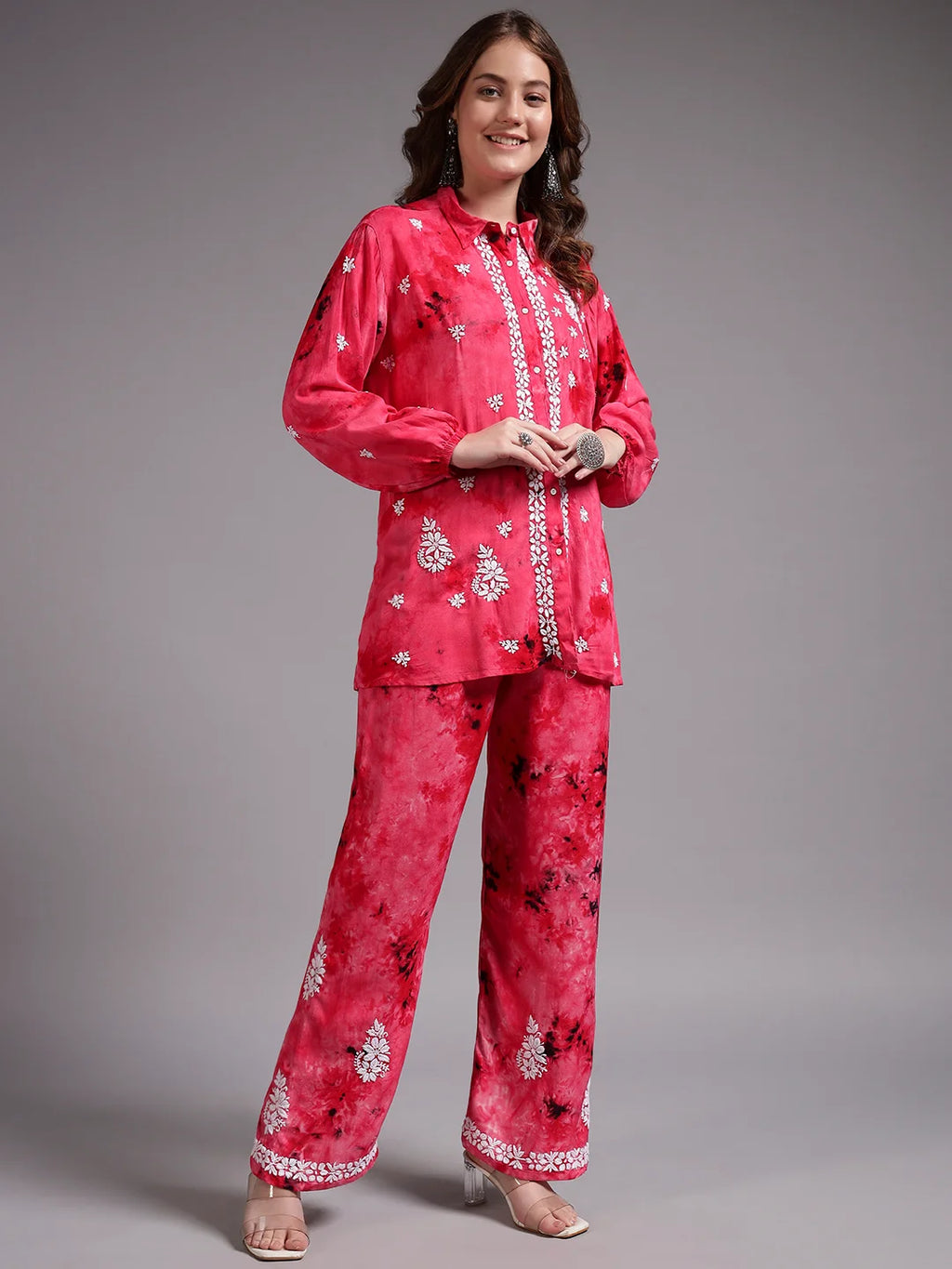 Luxury Navy Blue Modal Hand Embroidered Co-Ord Set for Women | Premium Tie-Dye Modal Shirt & Pant Set