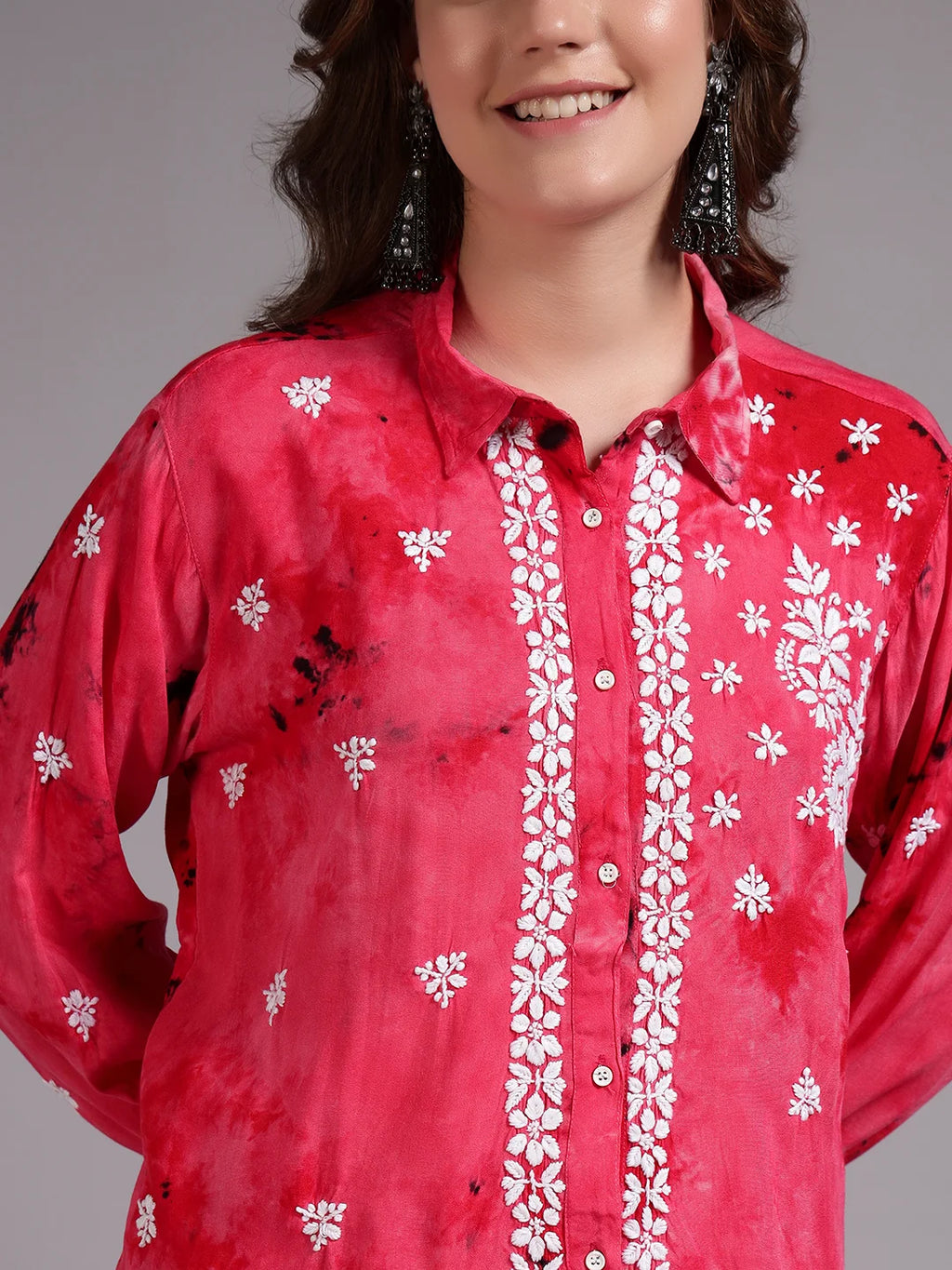 Luxury Navy Blue Modal Hand Embroidered Co-Ord Set for Women | Premium Tie-Dye Modal Shirt & Pant Set