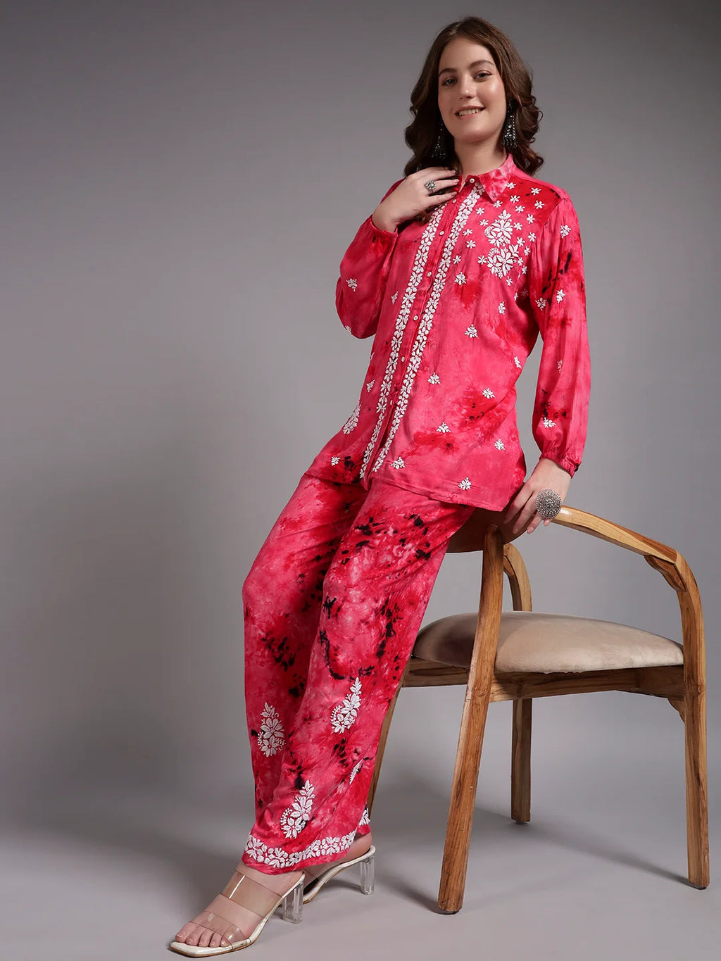 Luxury Navy Blue Modal Hand Embroidered Co-Ord Set for Women | Premium Tie-Dye Modal Shirt & Pant Set