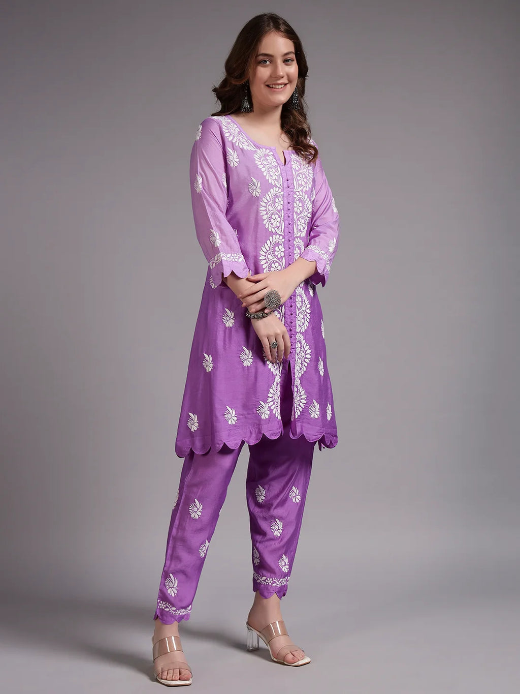 Luxury Pink Muslin Hand Embroidered Co-Ord Set for Women | Premium Muslin Kurti Pant Set