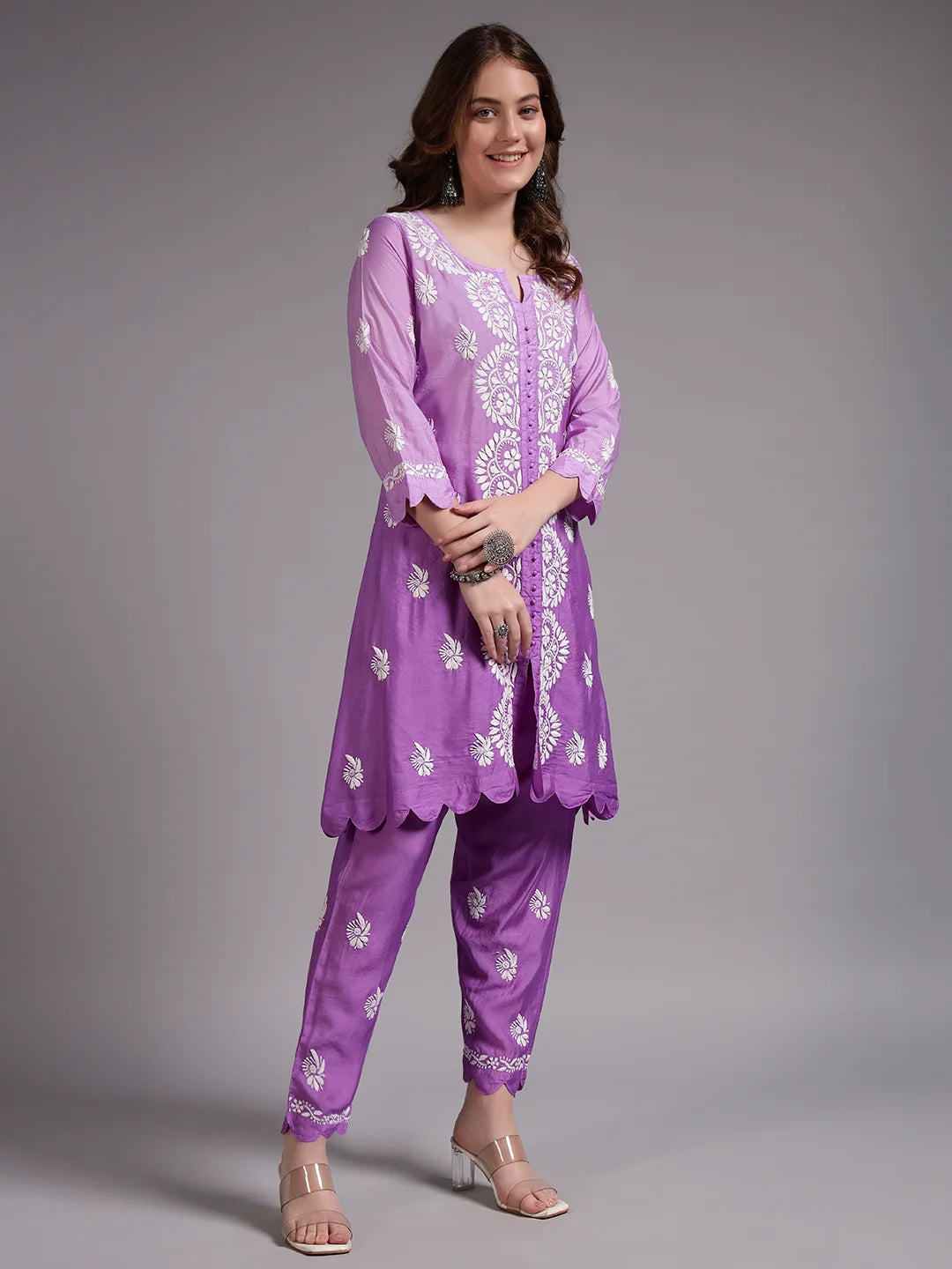 Luxury Pink Muslin Hand Embroidered Co-Ord Set for Women | Premium Muslin Kurti Pant Set
