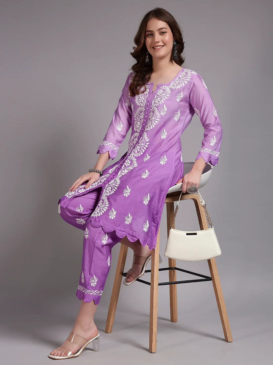 Luxury Pink Muslin Hand Embroidered Co-Ord Set for Women | Premium Muslin Kurti Pant Set