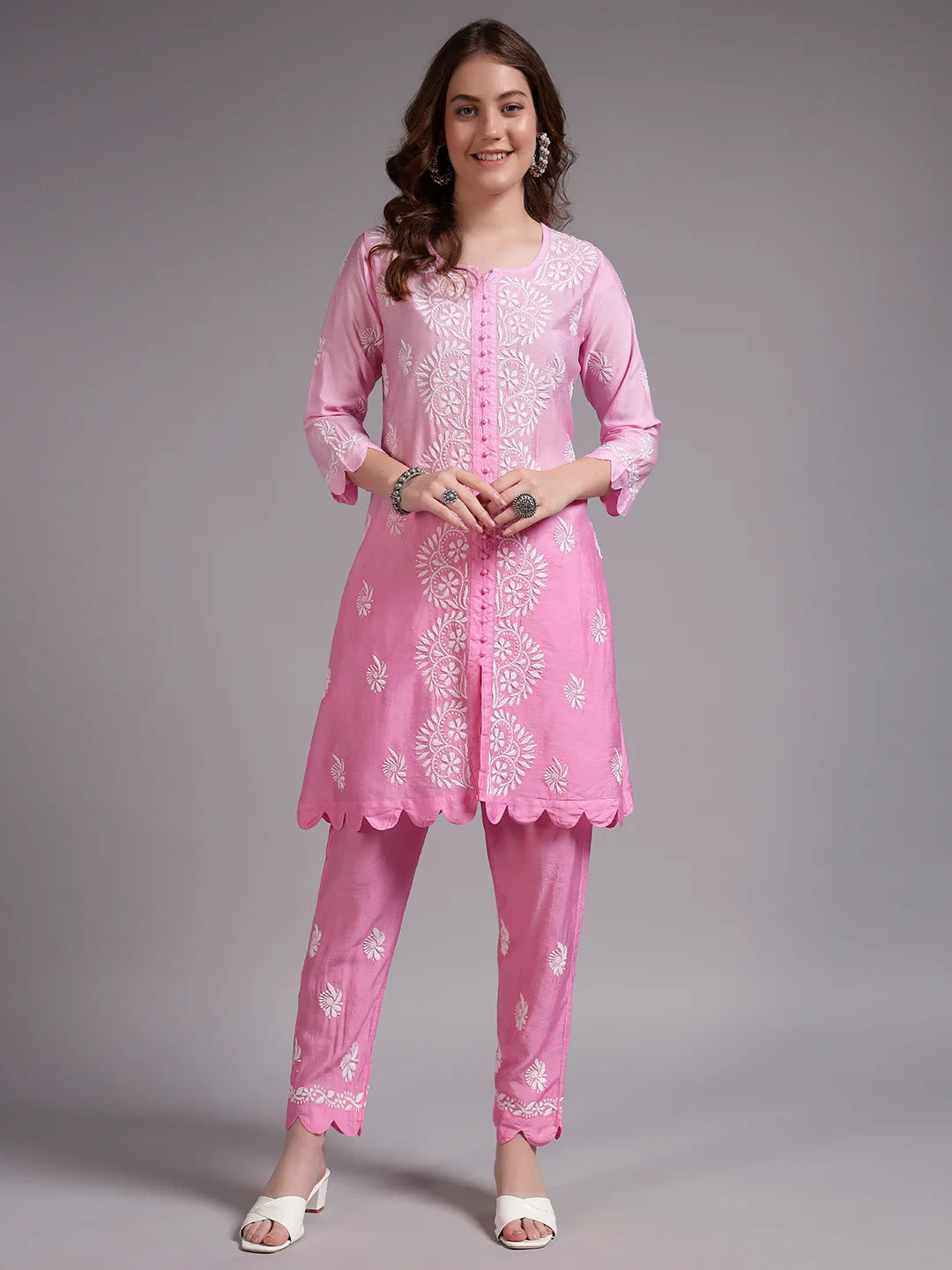 Luxury Pink Muslin Hand Embroidered Co-Ord Set for Women | Premium Muslin Kurti Pant Set