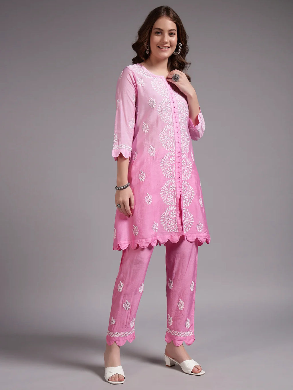 Luxury Pink Muslin Hand Embroidered Co-Ord Set for Women | Premium Muslin Kurti Pant Set