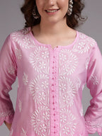 Luxury Pink Muslin Hand Embroidered Co-Ord Set for Women | Premium Muslin Kurti Pant Set
