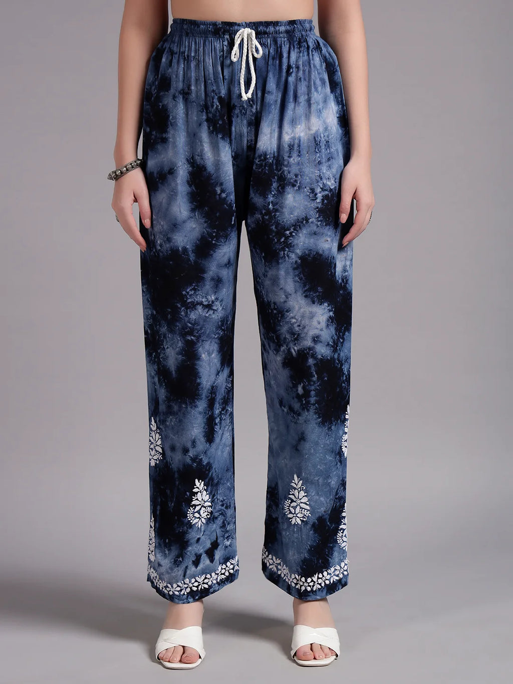 Luxury Navy Blue Modal Hand Embroidered Co-Ord Set for Women | Premium Tie-Dye Modal Shirt & Pant Set