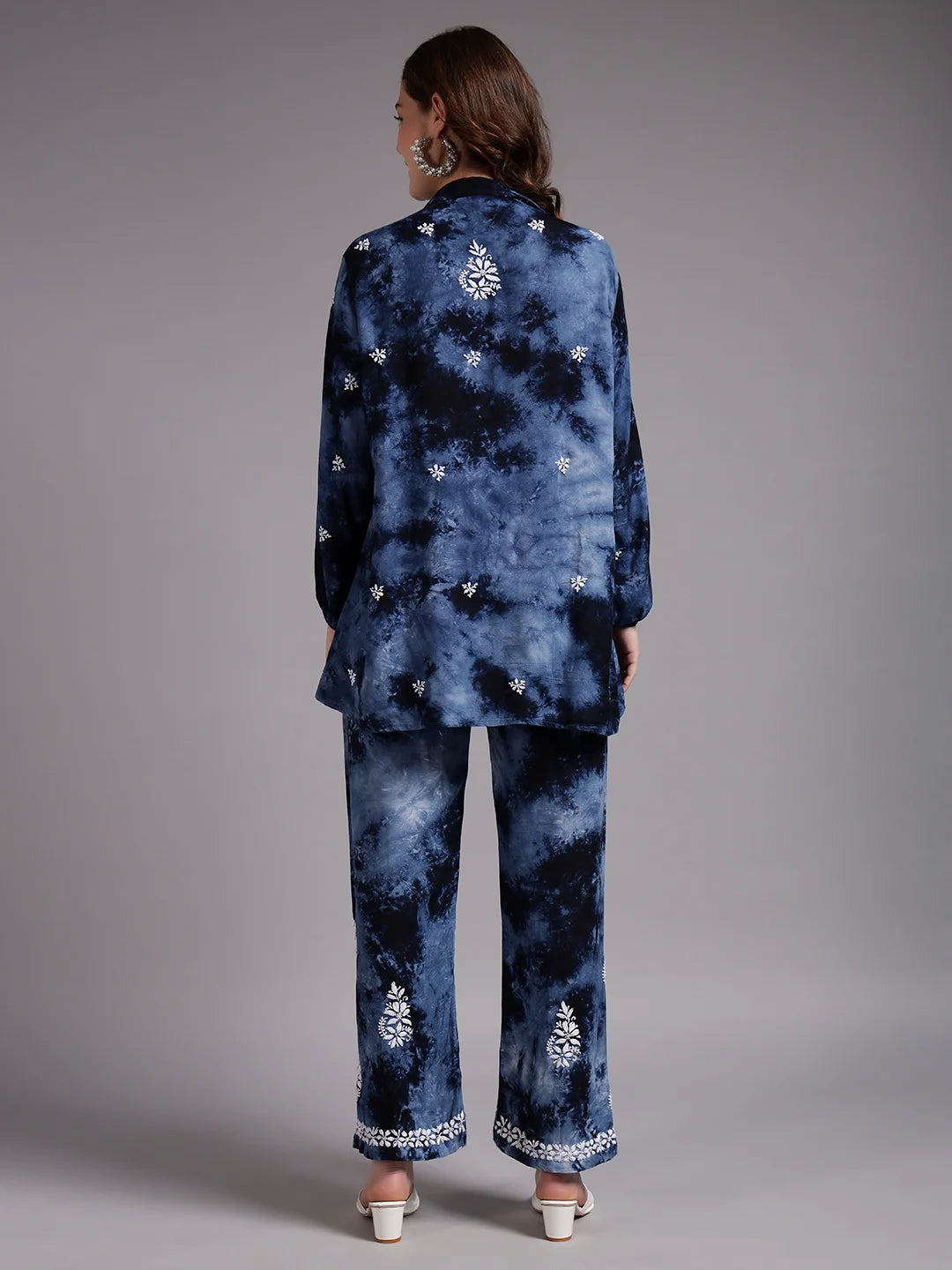 Luxury Navy Blue Modal Hand Embroidered Co-Ord Set for Women | Premium Tie-Dye Modal Shirt & Pant Set