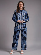 Luxury Navy Blue Modal Hand Embroidered Co-Ord Set for Women | Premium Tie-Dye Modal Shirt & Pant Set