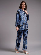 Luxury Navy Blue Modal Hand Embroidered Co-Ord Set for Women | Premium Tie-Dye Modal Shirt & Pant Set