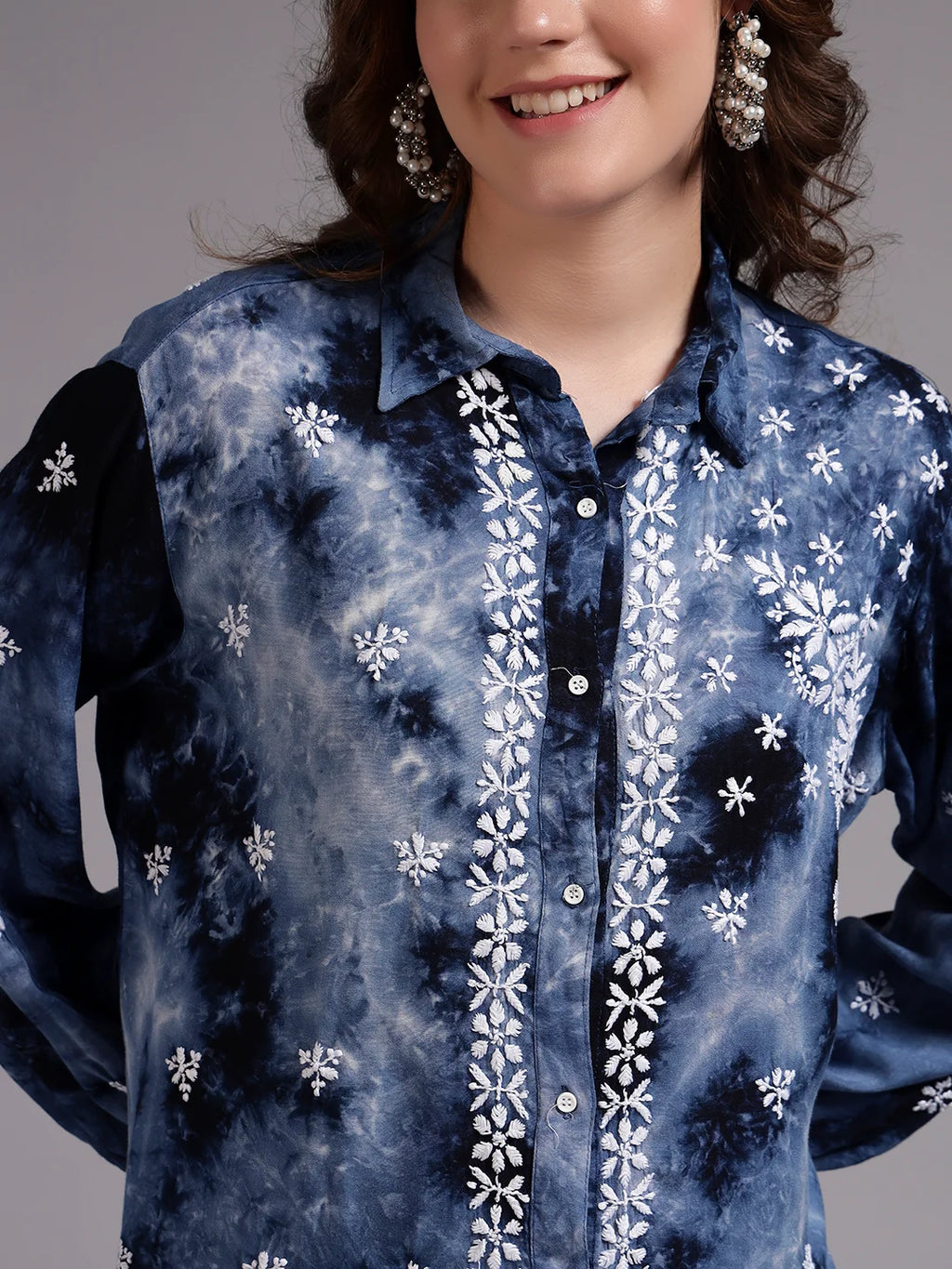 Luxury Navy Blue Modal Hand Embroidered Co-Ord Set for Women | Premium Tie-Dye Modal Shirt & Pant Set