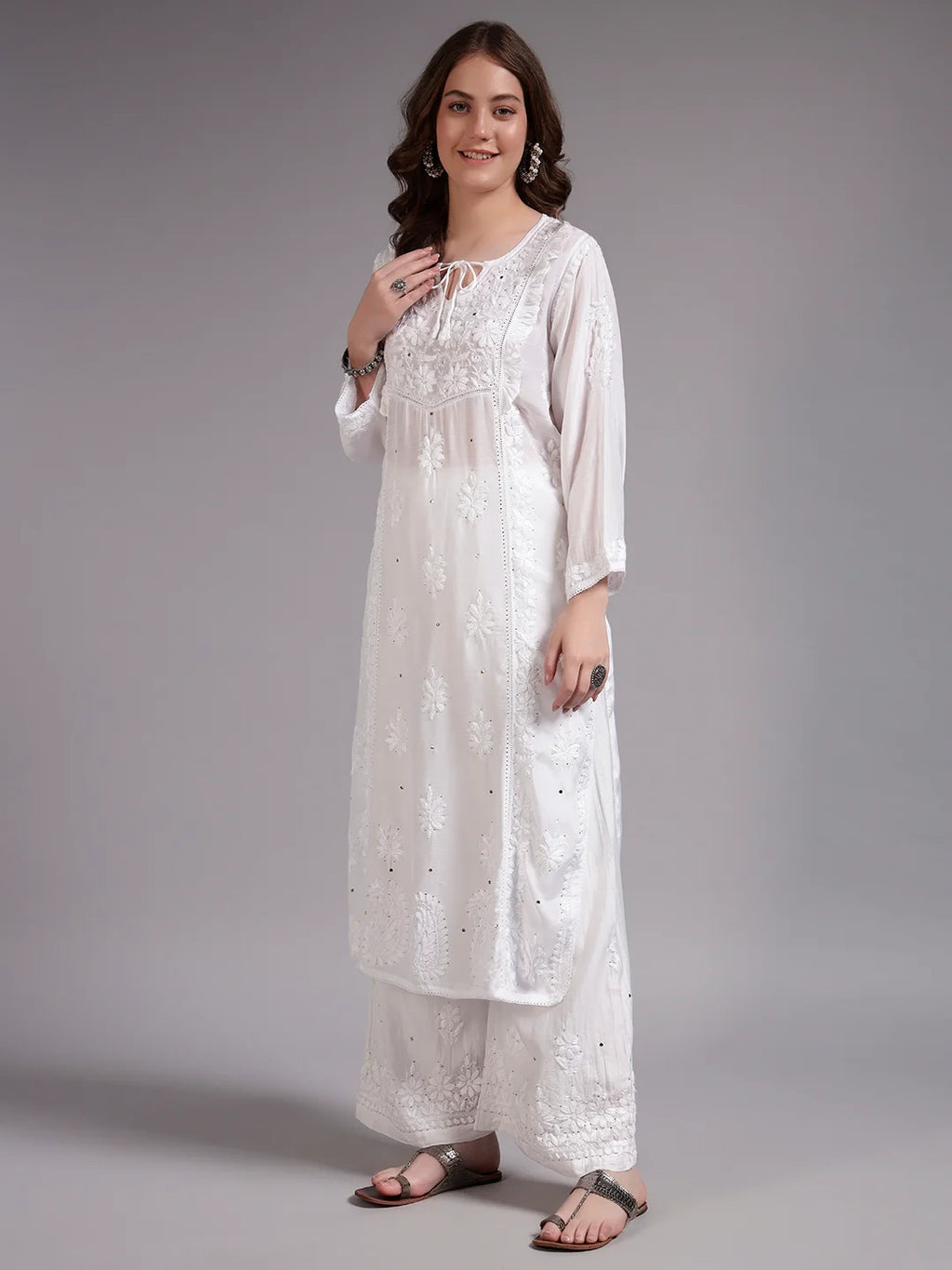 Premium White Handcrafted Chikankari Kurta Palazzo Set for Women | Elegant Lucknowi Ethnic Wear