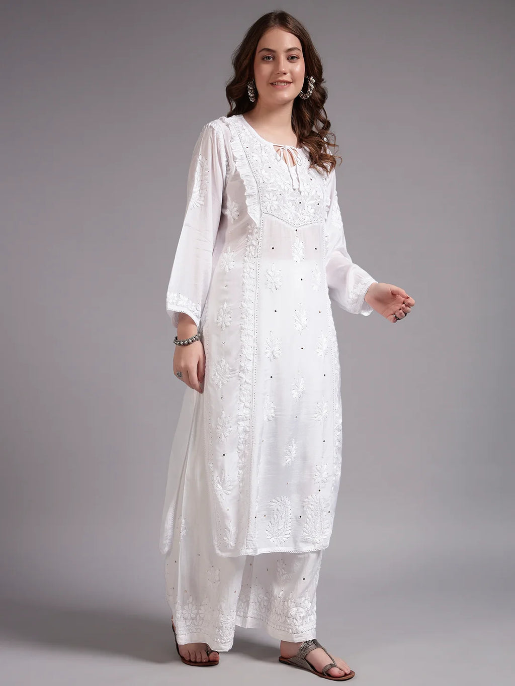 Premium White Handcrafted Chikankari Kurta Palazzo Set for Women | Elegant Lucknowi Ethnic Wear