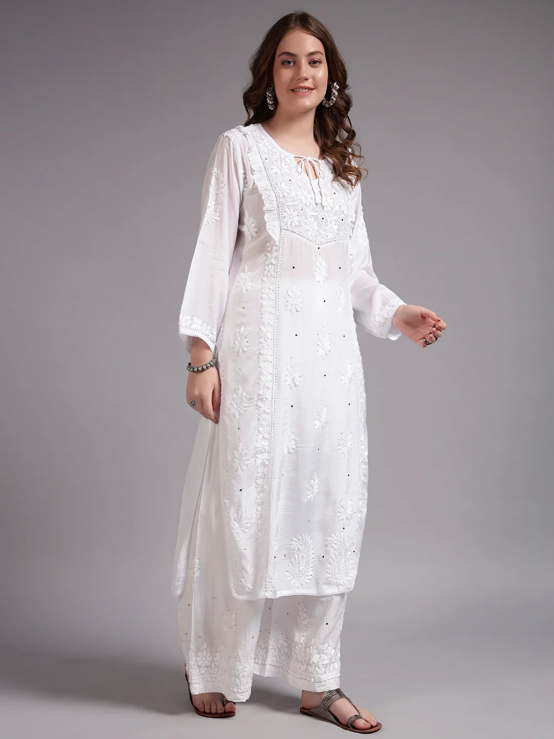 Premium White Handcrafted Chikankari Kurta Palazzo Set for Women | Elegant Lucknowi Ethnic Wear