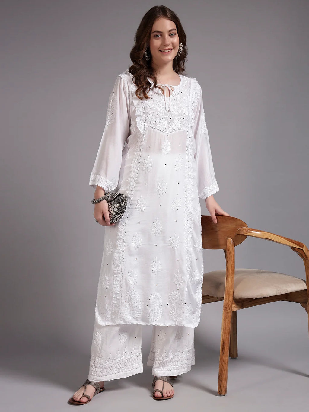 Premium White Handcrafted Chikankari Kurta Palazzo Set for Women | Elegant Lucknowi Ethnic Wear