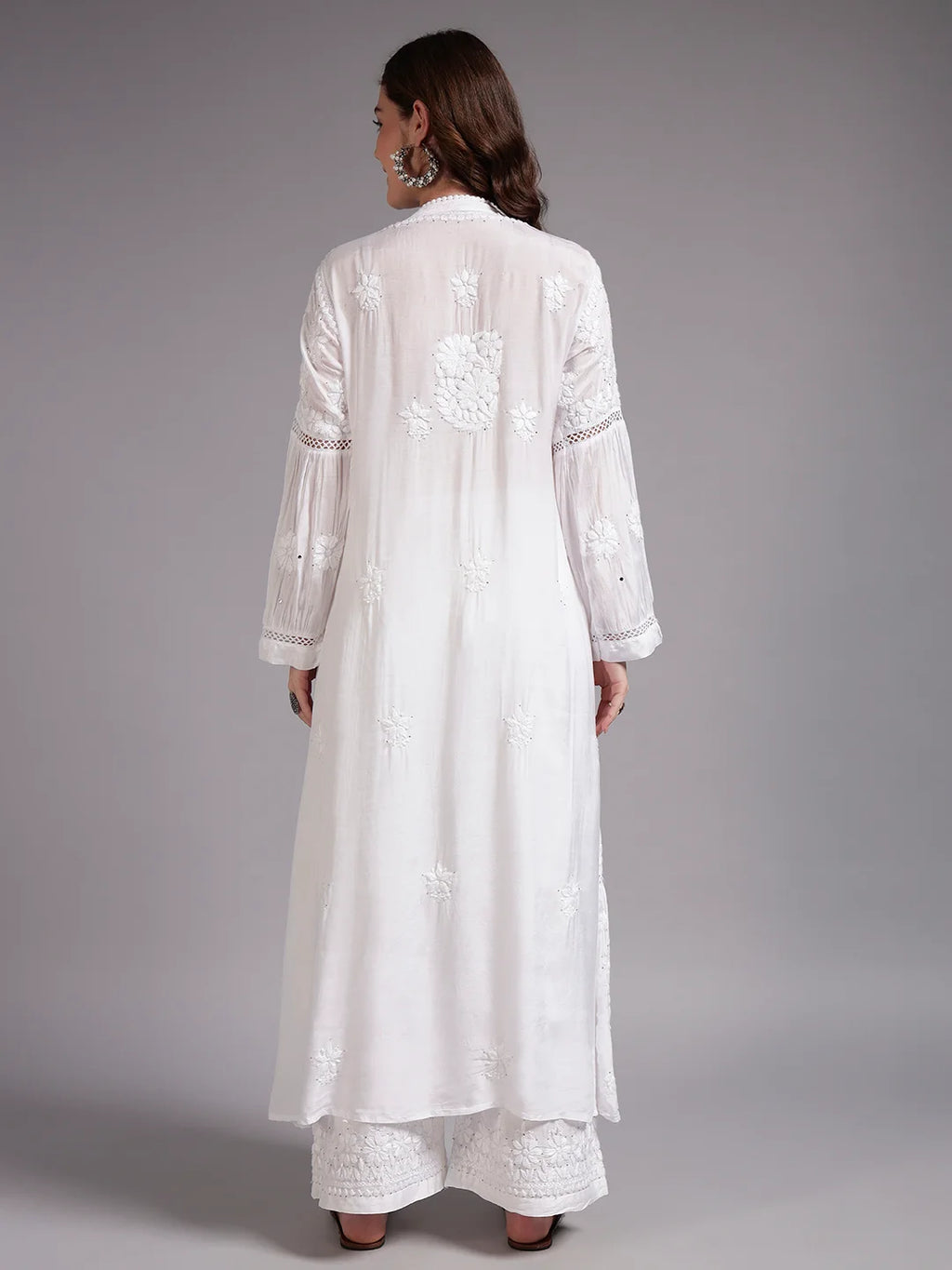 Luxury White Muslin Umbrella Cut Chikankari Kurti with Mukesh Work | Premium Lucknowi Handcrafted Elegance