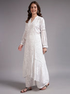 Luxury White Muslin Umbrella Cut Chikankari Kurti with Mukesh Work | Premium Lucknowi Handcrafted Elegance