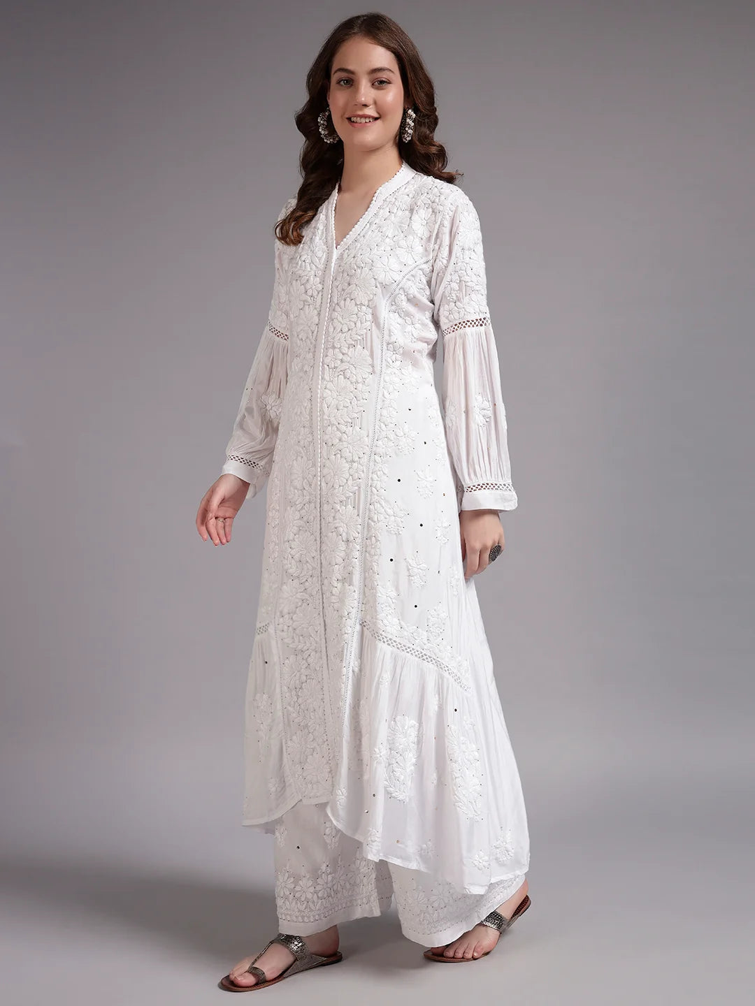 Luxury White Muslin Umbrella Cut Chikankari Kurti with Mukesh Work | Premium Lucknowi Handcrafted Elegance