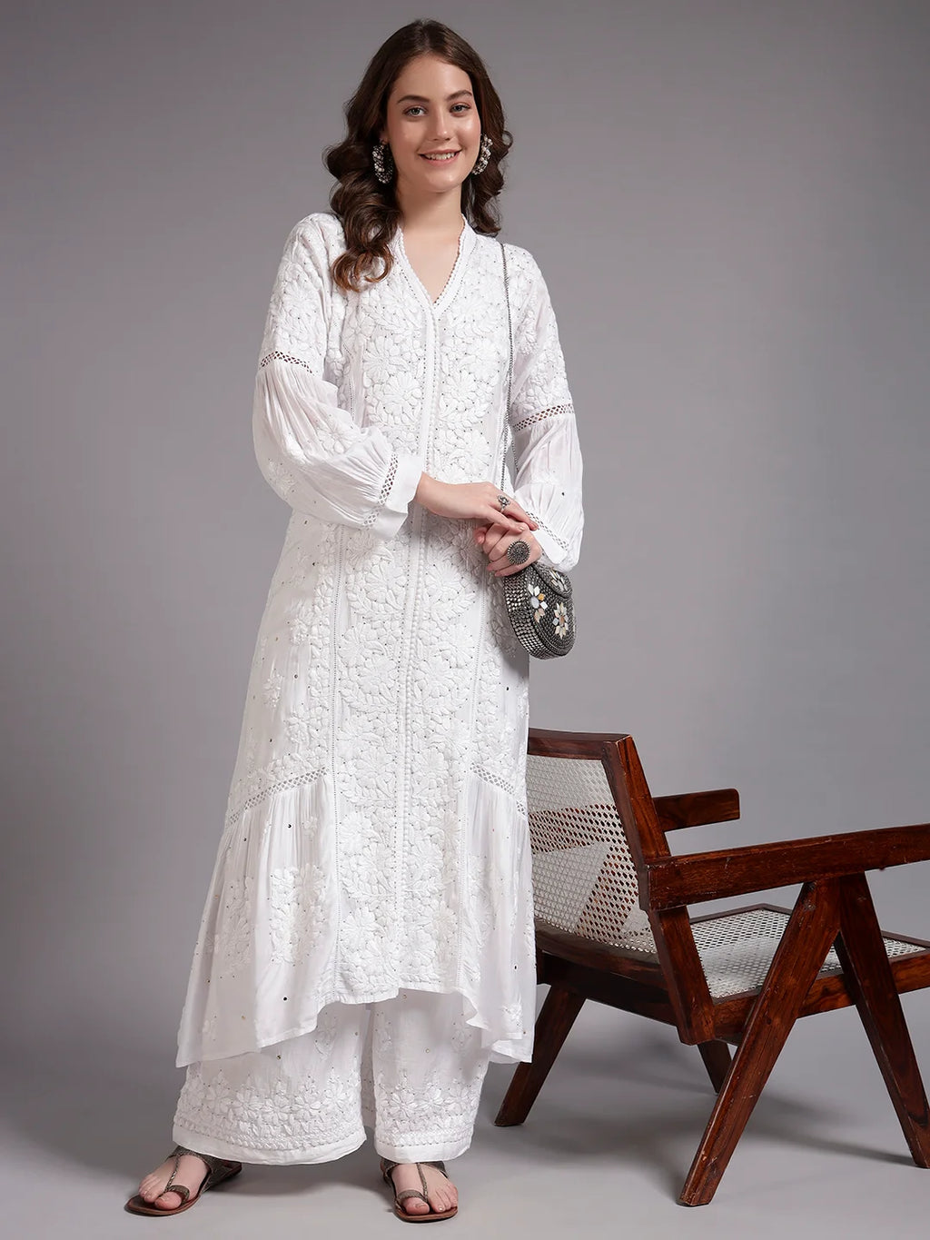 Luxury White Muslin Umbrella Cut Chikankari Kurti with Mukesh Work | Premium Lucknowi Handcrafted Elegance