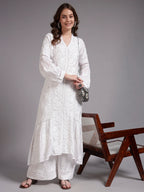 Luxury White Muslin Umbrella Cut Chikankari Kurti with Mukesh Work | Premium Lucknowi Handcrafted Elegance