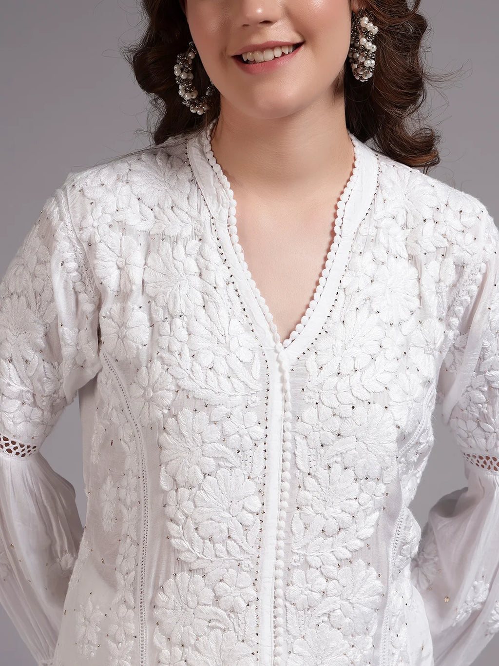 Luxury White Muslin Umbrella Cut Chikankari Kurti with Mukesh Work | Premium Lucknowi Handcrafted Elegance