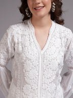 Luxury White Muslin Umbrella Cut Chikankari Kurti with Mukesh Work | Premium Lucknowi Handcrafted Elegance