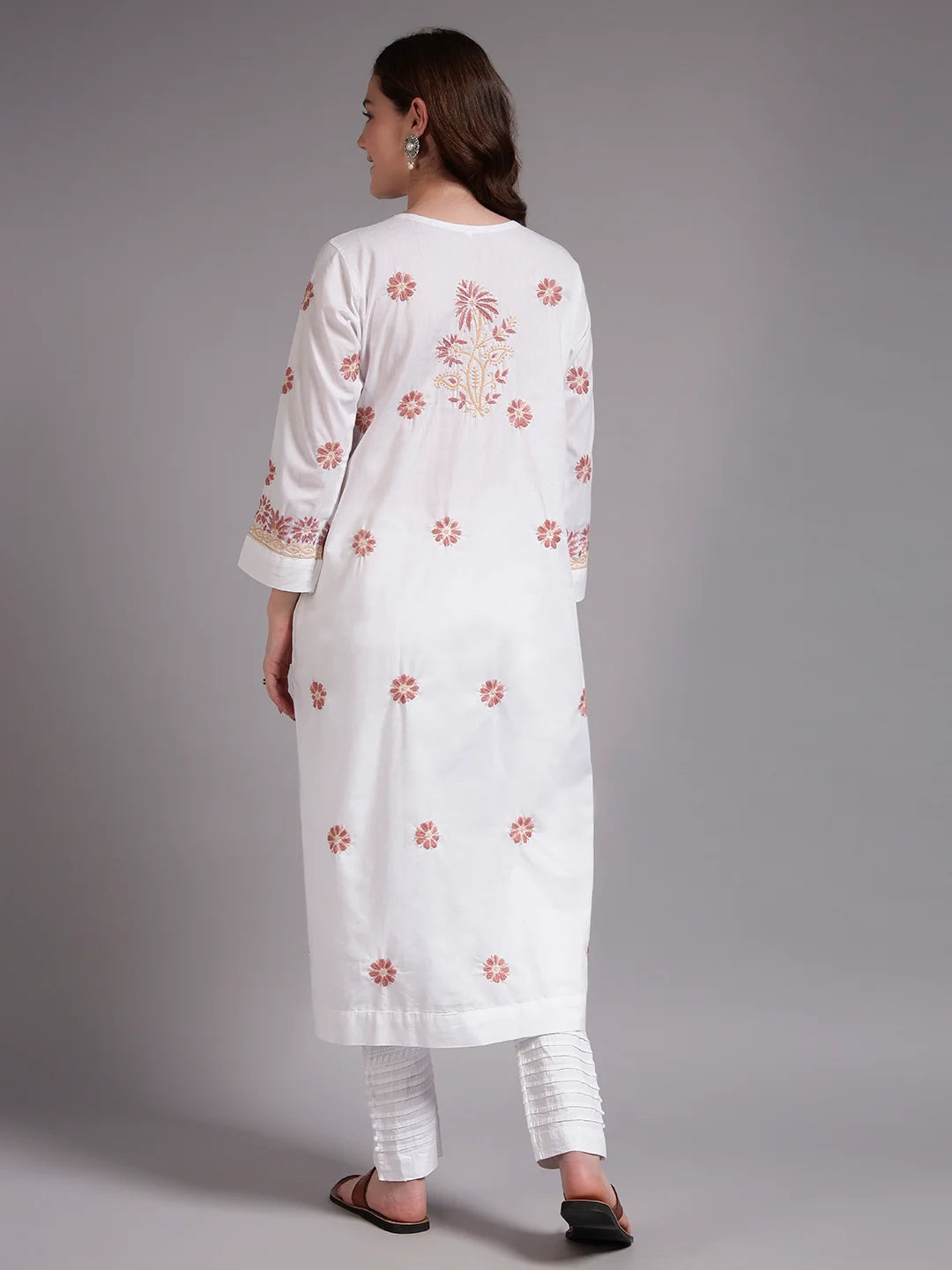 Ivory Bloom Cotton Chikankari A-Line Kurti for Women | Lucknowi Hand Embroidery